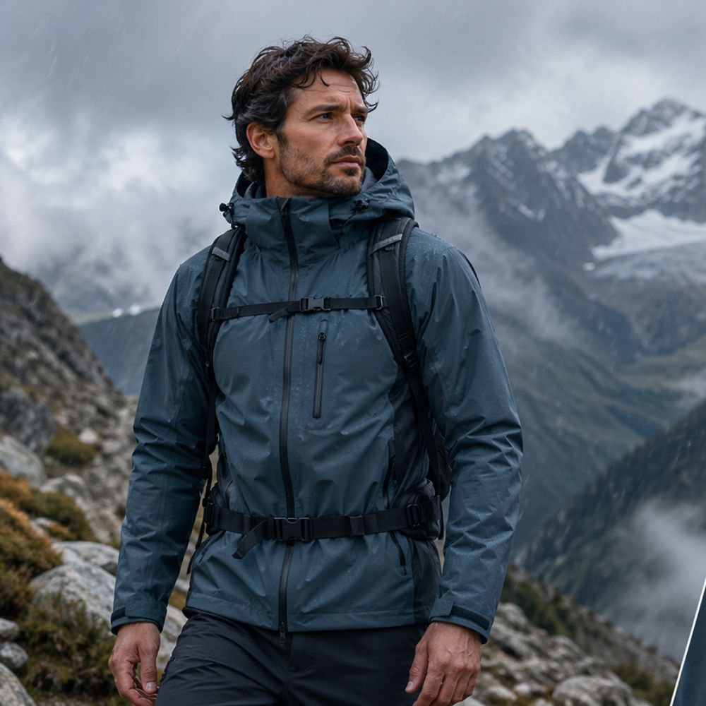Man in a blue jacket with a backpack standing in a mountainous landscape