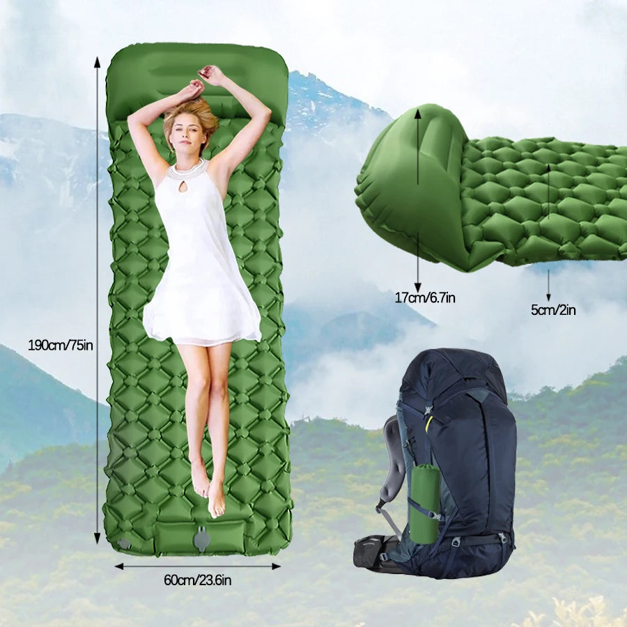 Ultralight Inflatable Camping Sleeping Pad with Built-In Pillow