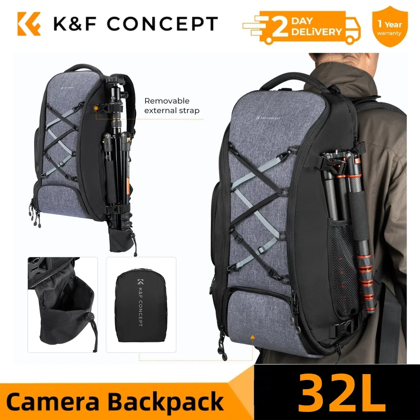 32L Camera Backpack with Laptop Compartment Tripod Strap Rain Cover