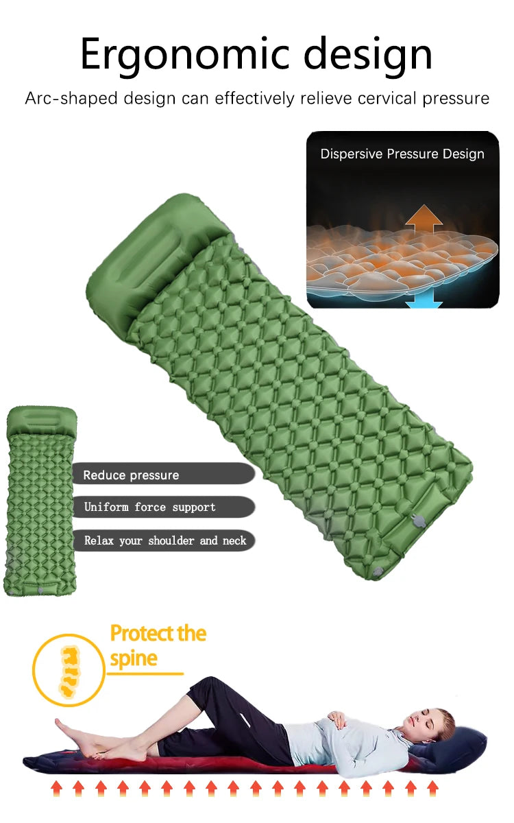 Ultralight Inflatable Camping Sleeping Pad with Built-In Pillow