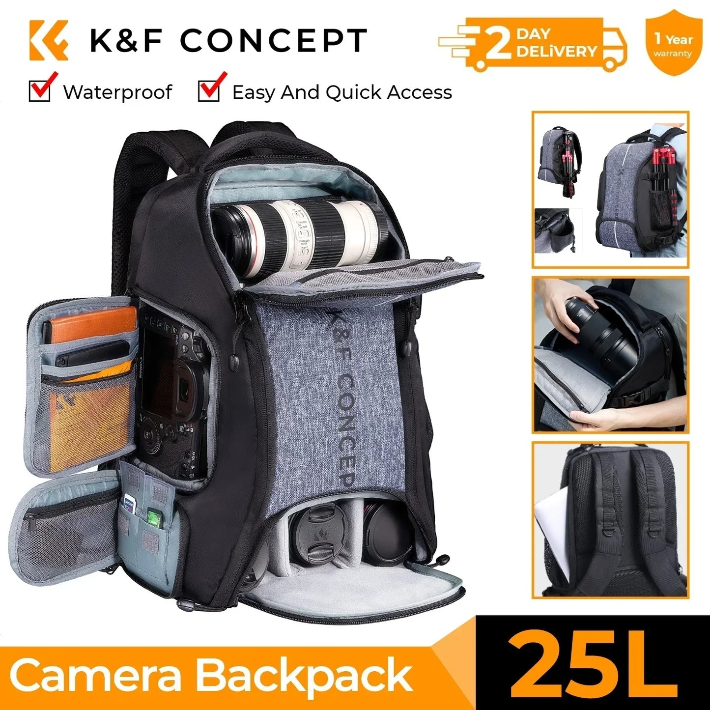 32L Camera Backpack with Laptop Compartment Tripod Strap Rain Cover