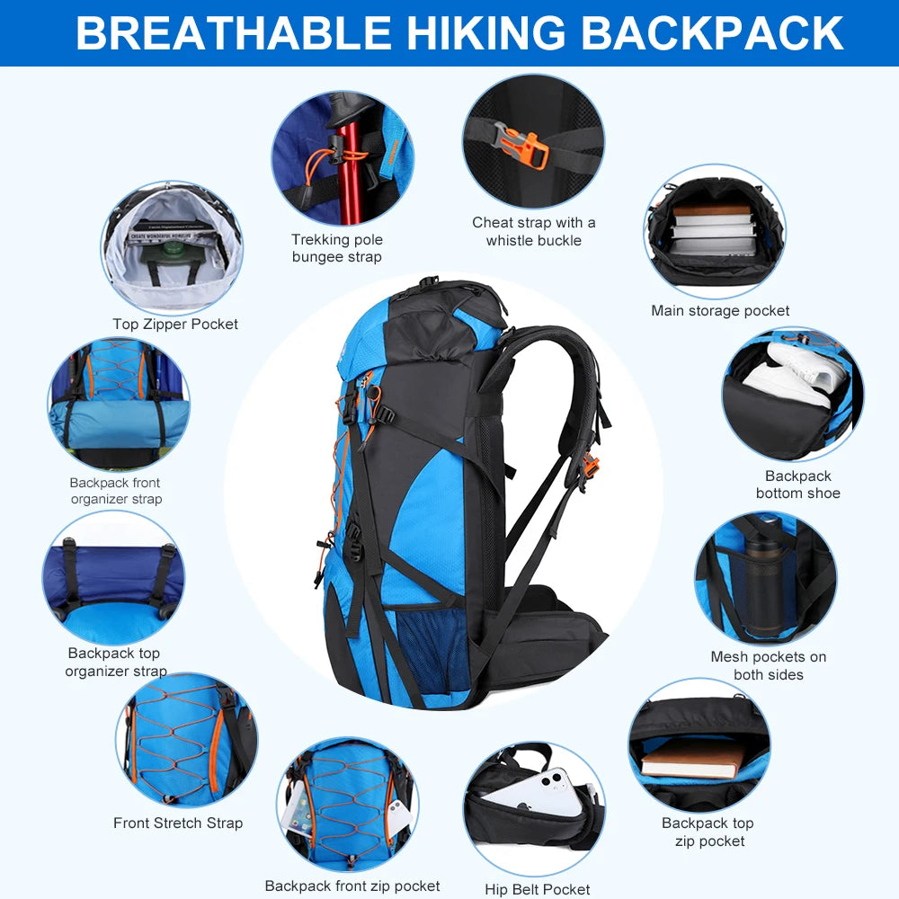 65L Waterproof Climbing Backpack for Camping Hiking Travel