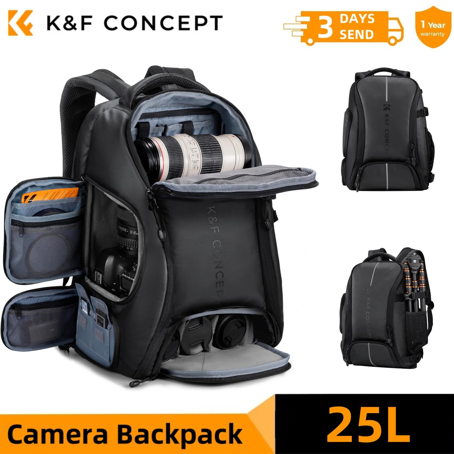 32L Camera Backpack with Laptop Compartment Tripod Strap Rain Cover