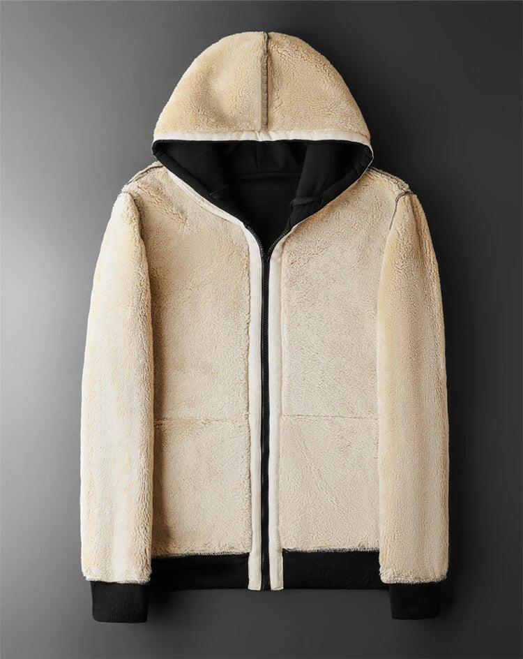 Warm Lambswool Fleece Jacket with Hood for Winter Comfort