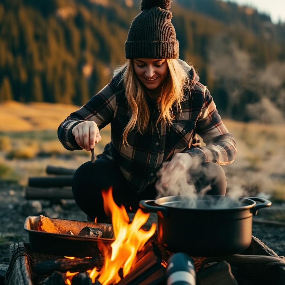 Person cooking over an open fire in a natural setting