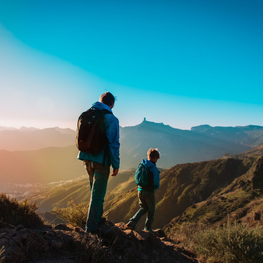 Two people hiking on a mountain trail with a clear blue sky.